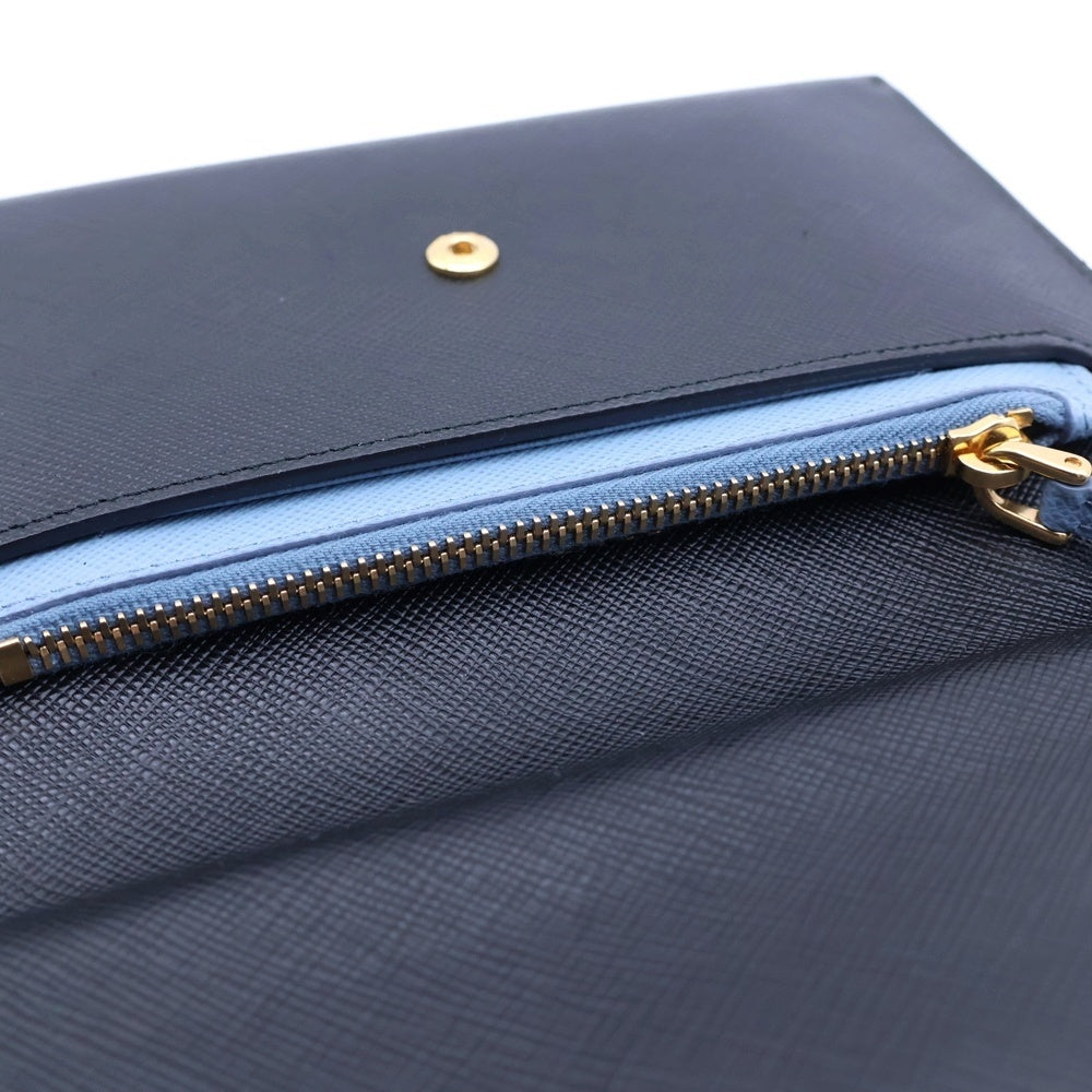 PRADA(プラダ) サフィアーノ レターウォレット 長財布 カードケース ブラック×ライトブルー レザー ポーチ ゴールド金具 レディース