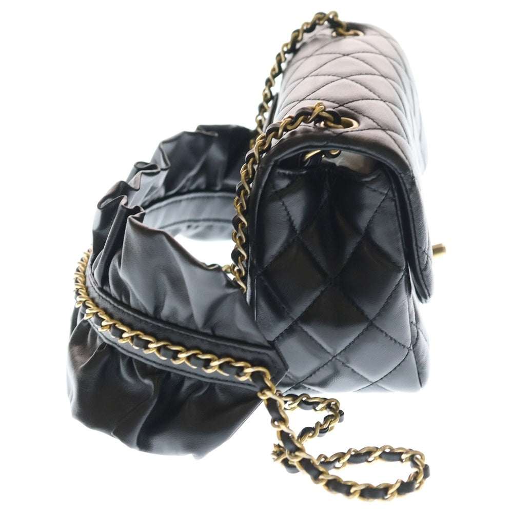 CHANEL(シャネル) ミニマトラッセ フリル チェーンショルダーバッグ ブラック ラムスキン ゴールド金具 レディース