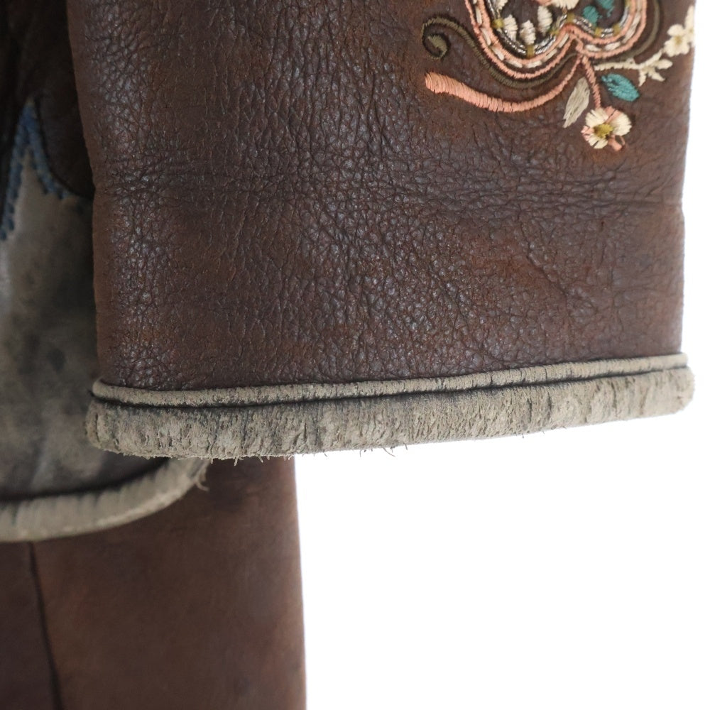 KENZO(ケンゾー) フラワーエンブロイダリー ムートンレザー コート ブラウン レディース