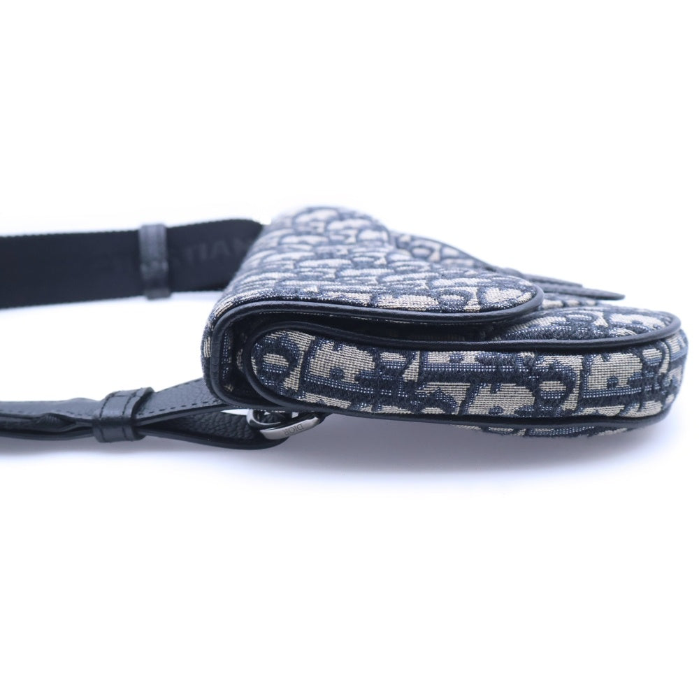 Christian Dior(クリスチャンディオール) オブリーク サドル ボディバッグ ウエストバッグ ショルダーバッグ ネイビー レザー×キャンバス シルバー金具 レディース