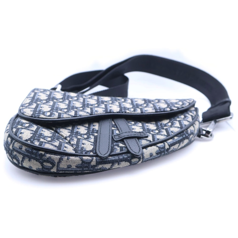 Christian Dior(クリスチャンディオール) オブリーク サドル ボディバッグ ウエストバッグ ショルダーバッグ ネイビー レザー×キャンバス シルバー金具 レディース