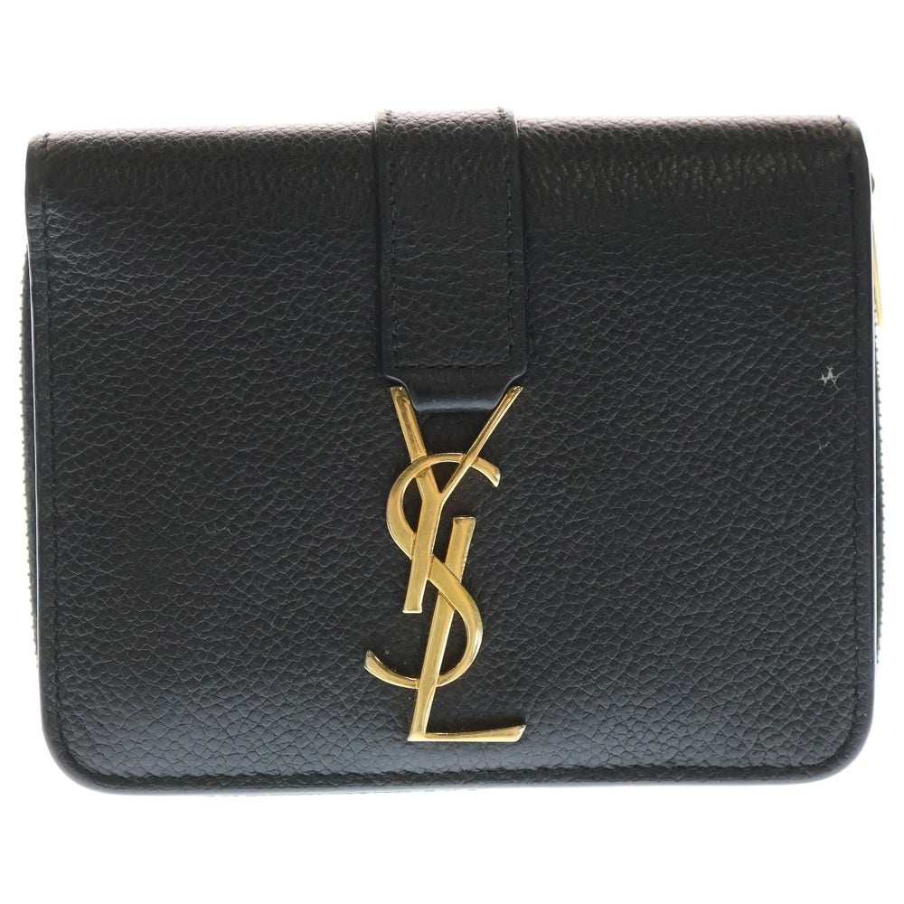 SAINT LAURENT PARIS(サンローランパリ) YSLライン ラージジップウォレット コンパクトウォレット ミニ財布 ブラック レザー 670285 ゴールド金具 レディース