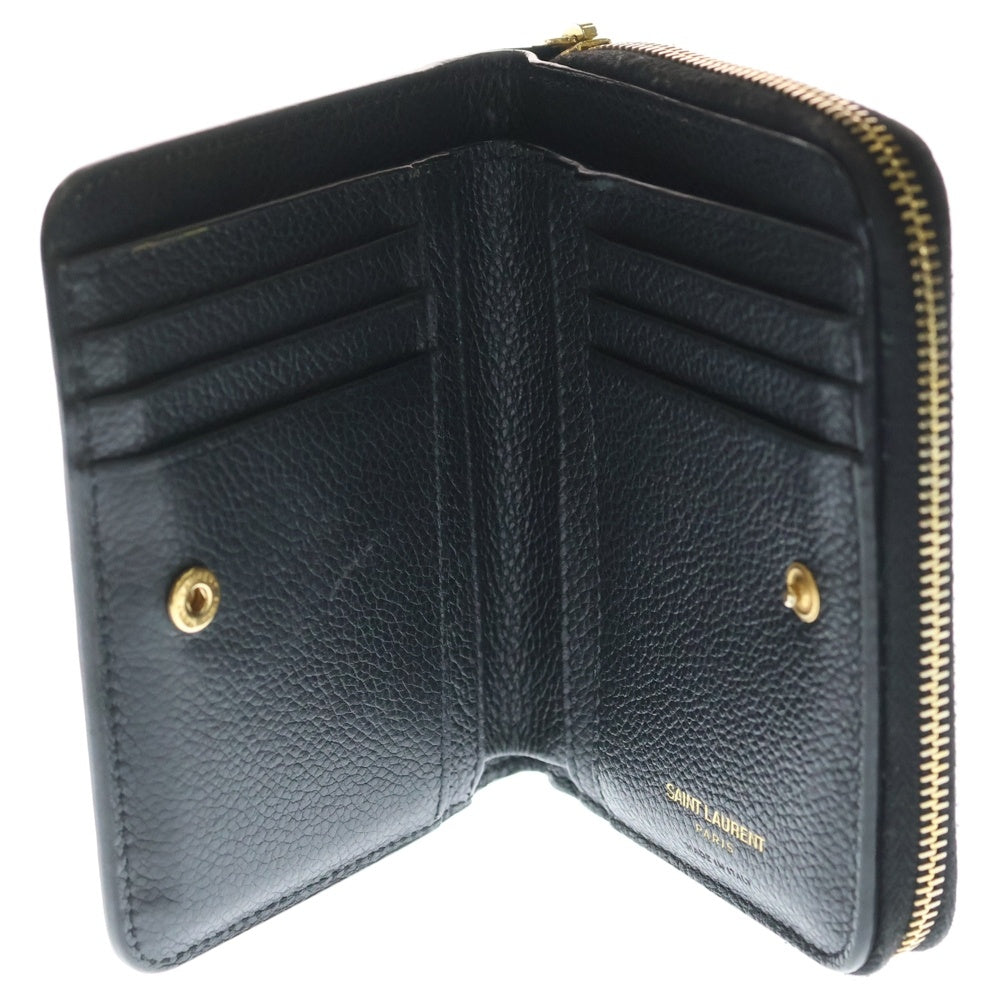 SAINT LAURENT PARIS(サンローランパリ) YSLライン ラージジップウォレット コンパクトウォレット ミニ財布 ブラック レザー 670285 ゴールド金具 レディース