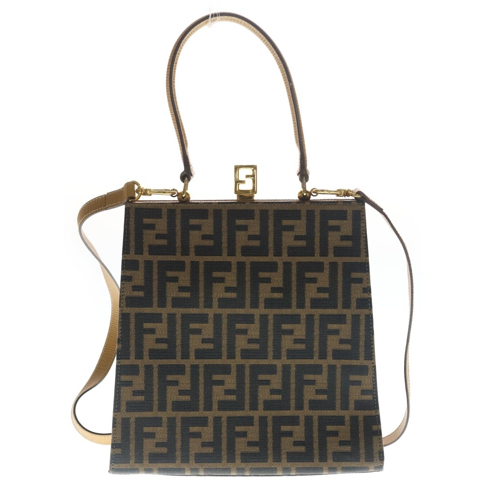 FENDI(フェンディ) ズッカ がま口2WAYショルダーバッグ ハンドバッグ ブラウン×ベージュ キャンバス×レザー ゴールド金具 レディース