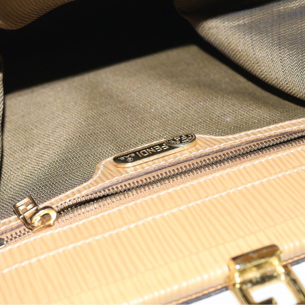 FENDI(フェンディ) ズッカ がま口2WAYショルダーバッグ ハンドバッグ ブラウン×ベージュ キャンバス×レザー ゴールド金具 レディース
