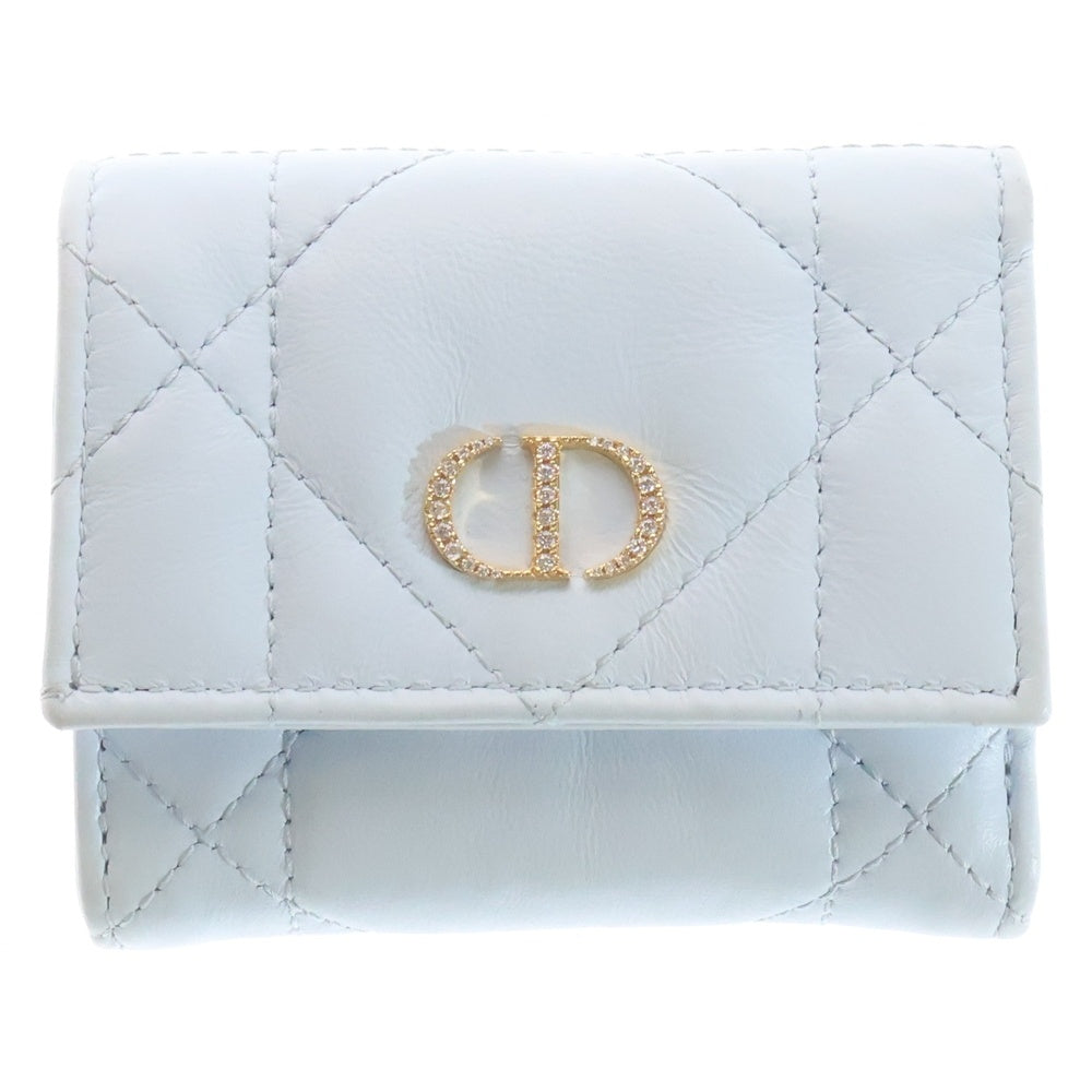 Christian Dior(クリスチャンディオール) カロ 三つ折り財布 コンパクトウォレット コインケース ライトブルー レザー ゴールド金具 レディース