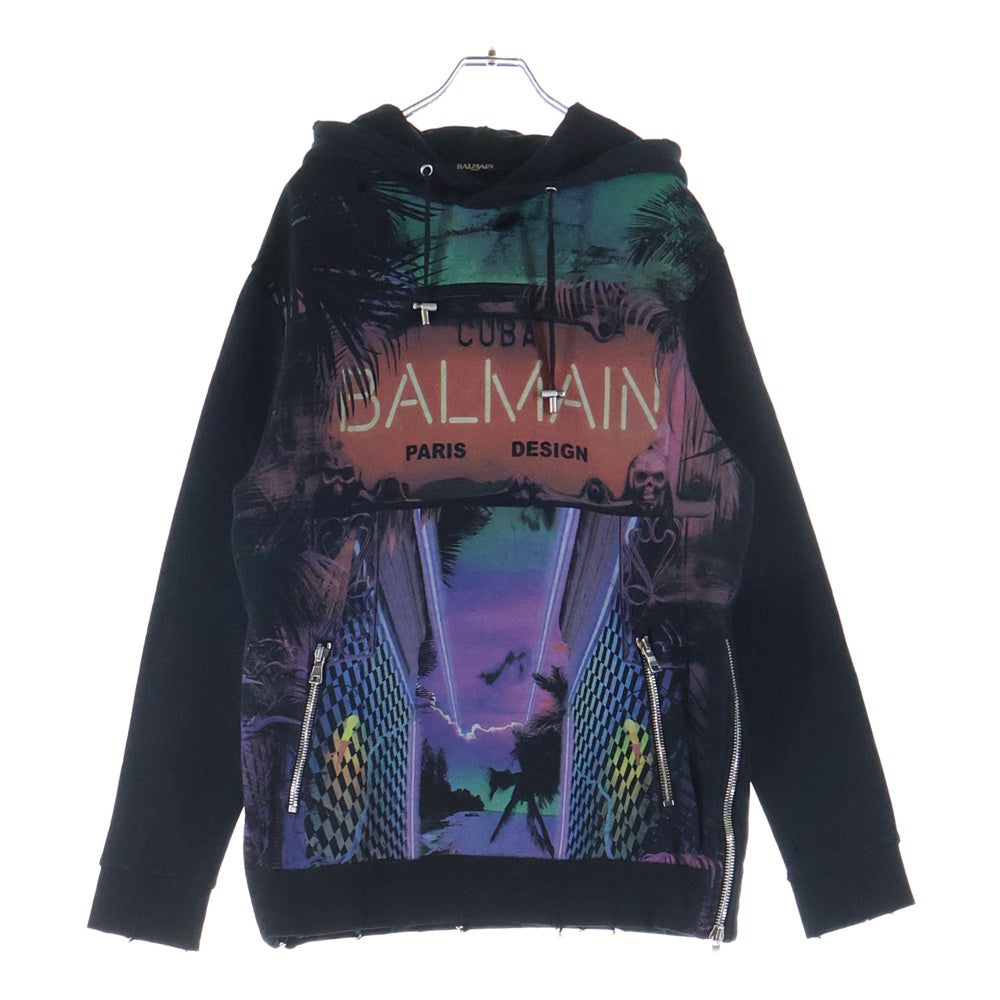 BALMAIN(バルマン) ■Cuba デストロイ加工 プルオーバーパーカー ブラック コットン #XS RH13209I048