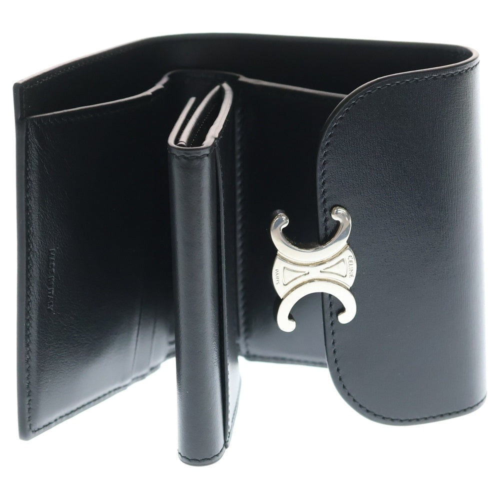 CELINE(セリーヌ) トリオンフ レザーコンパクトウォレット 三つ折り財布 ブラック SV金具 レディース