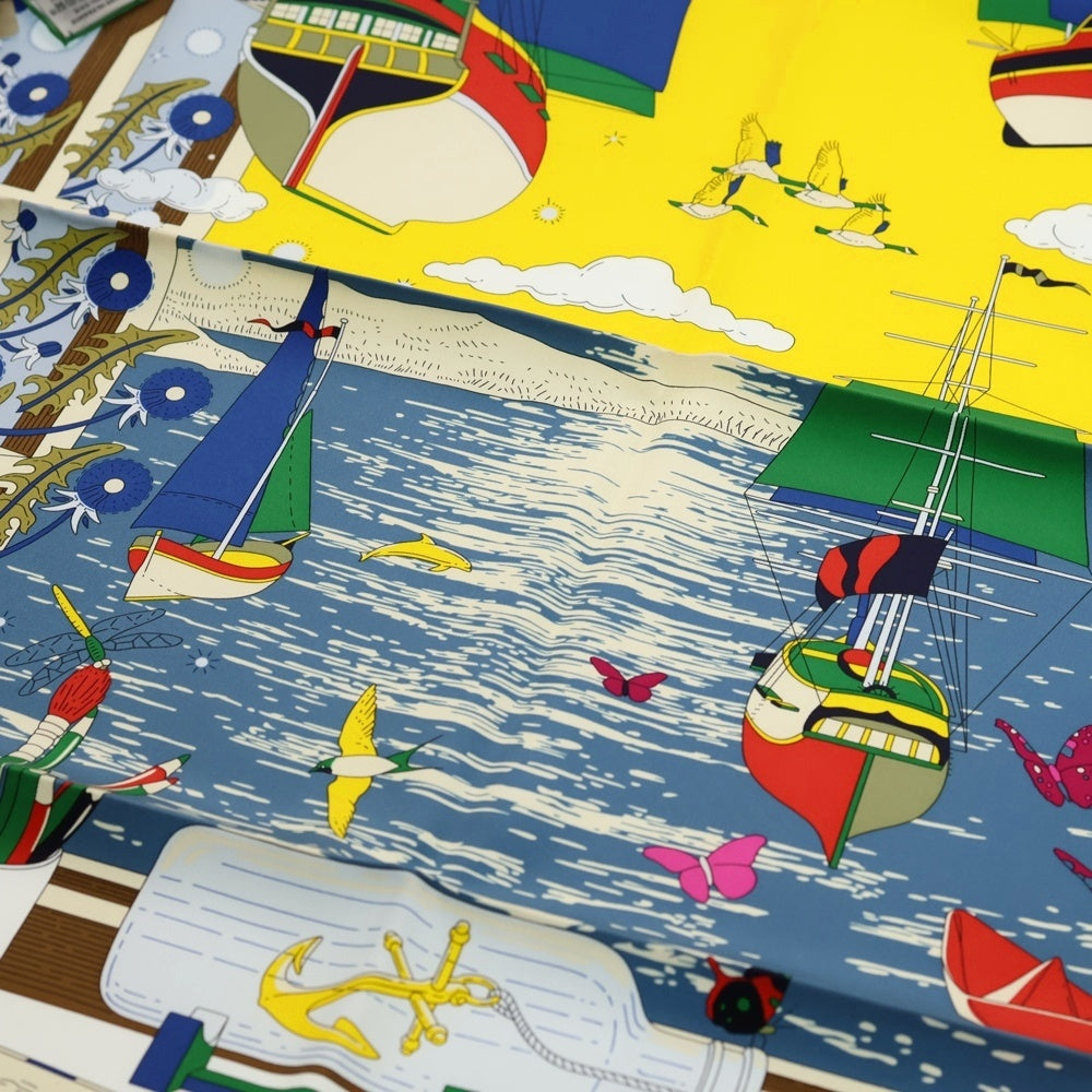 HERMES(エルメス) カレ90 L'Esprit s'Envole エスプリの旅立ち ホワイト×グリーン シルク スカーフ レディース