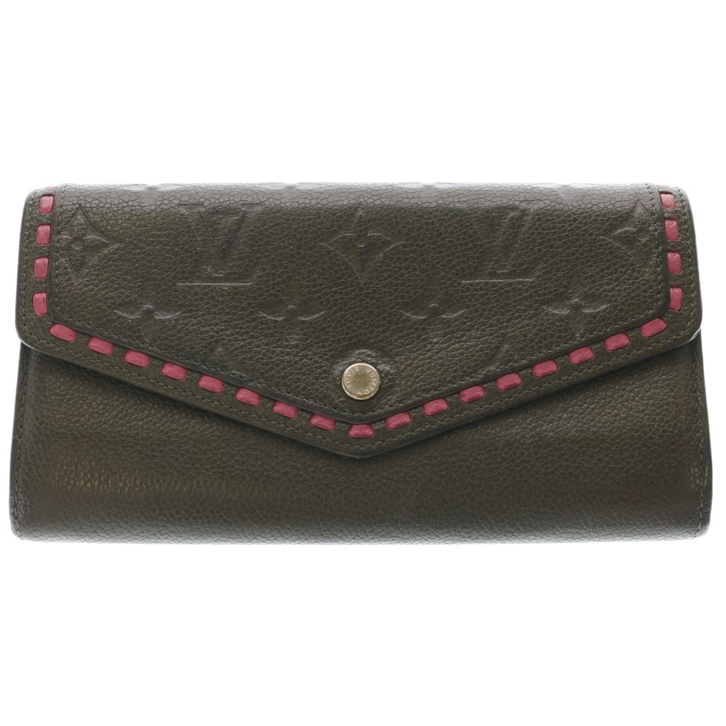 LOUIS VUITTON(ルイヴィトン) アンプラント ポルトフォイユ・サラ ロングウォレット カードケース 長財布 カーキ×ピンク レザー M64814 ゴールド金具 レディース