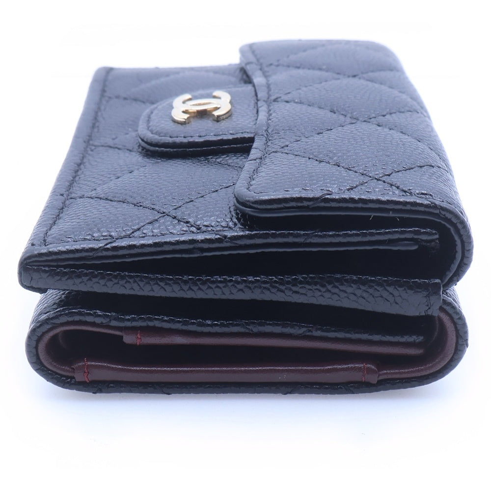 CHANEL(シャネル) マトラッセ ココマーク キャビアスキン レザーコンパクトウォレット 三つ折り財布 GD金具 ブラック レディース