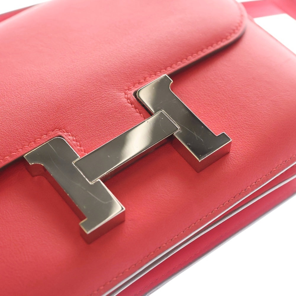 HERMES(エルメス) コンスタンスミニ Hロゴ ボックスカーフ レザー ショルダーバッグ シルバー金具 ピンク C刻印 レディース