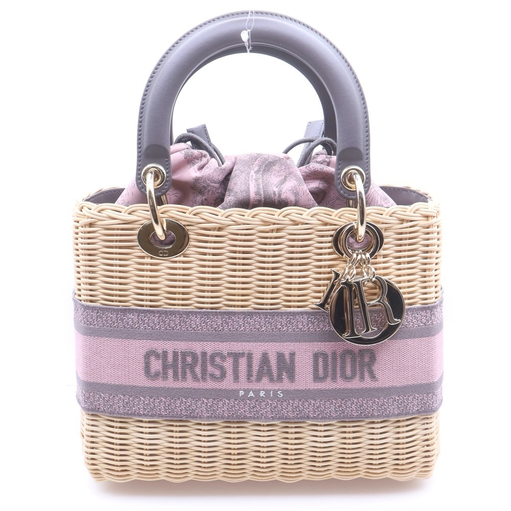 Christian Dior(クリスチャンディオール) レディディオール ウィッカー ミディアム 2WAY ハンドバッグ ショルダーバッグ ベージュ×ピンク ラフィア レディース