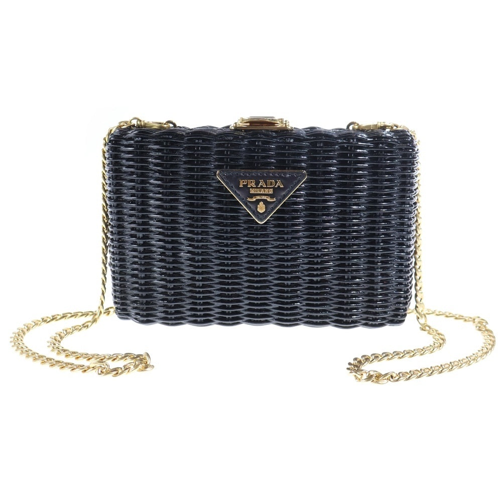 PRADA(プラダ) ウィッカー トライアングルロゴプレート カゴ チェーンショルダーバッグ ゴールド金具 ブラック 1BF075 レディース