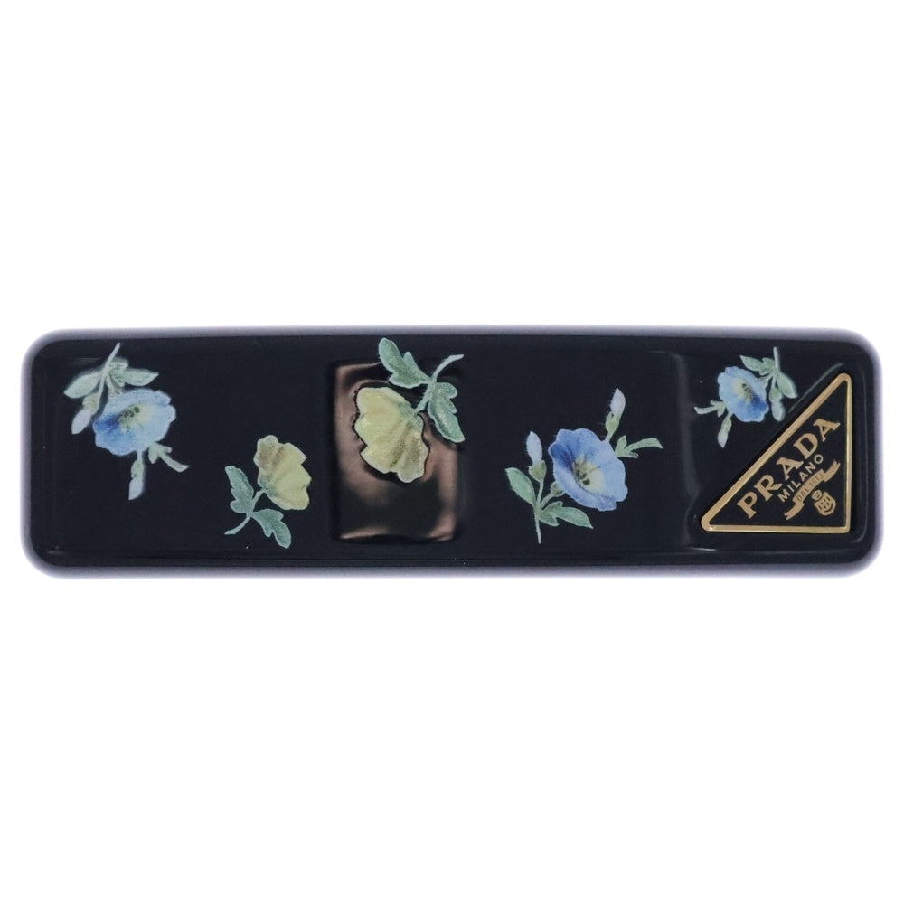 PRADA(プラダ) 花柄 フラワー バレッタ ヘアクリップ ブラック ゴールド金具 レディース
