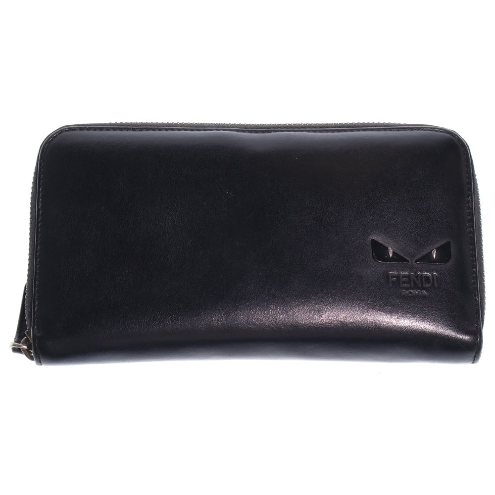 FENDI(フェンディ) バグズアイ ラウンドファスナー長財布 ロングウォレット カードケース ブラック レザー シルバー金具 レディース