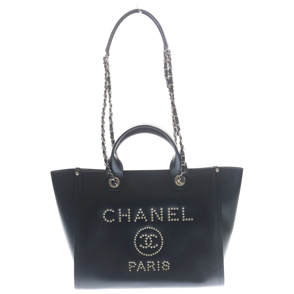 CHANEL(シャネル) ドーヴィルMM スタッズ ハンドバッグ トートバッグ ブラック キャビアスキン A57067 シルバー金具 レディース