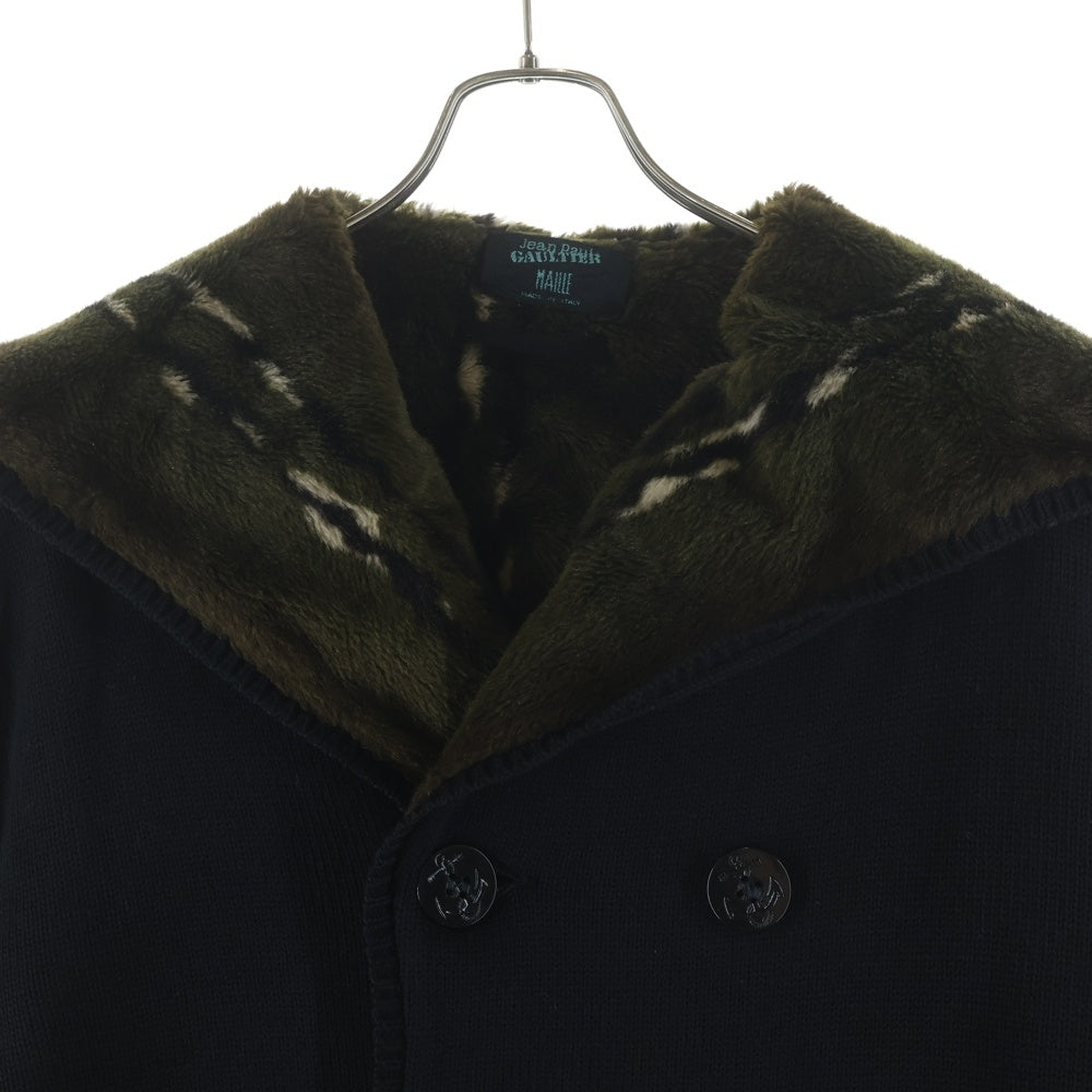 Jean Paul GAULTIER(ジャンポールゴルチエ) ファーライニング ショールカラー ダブルブレスト ニットジャケット Pコート ブラック/カーキ レディース