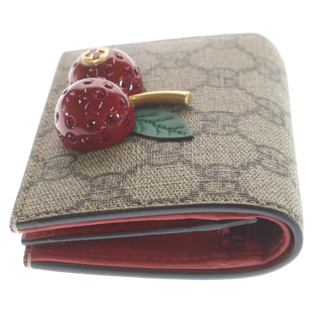 GUCCI(グッチ) GGスプリーム チェリー コンパクトウォレット 二つ折り財布 ベージュ/レッド 476050 レディース