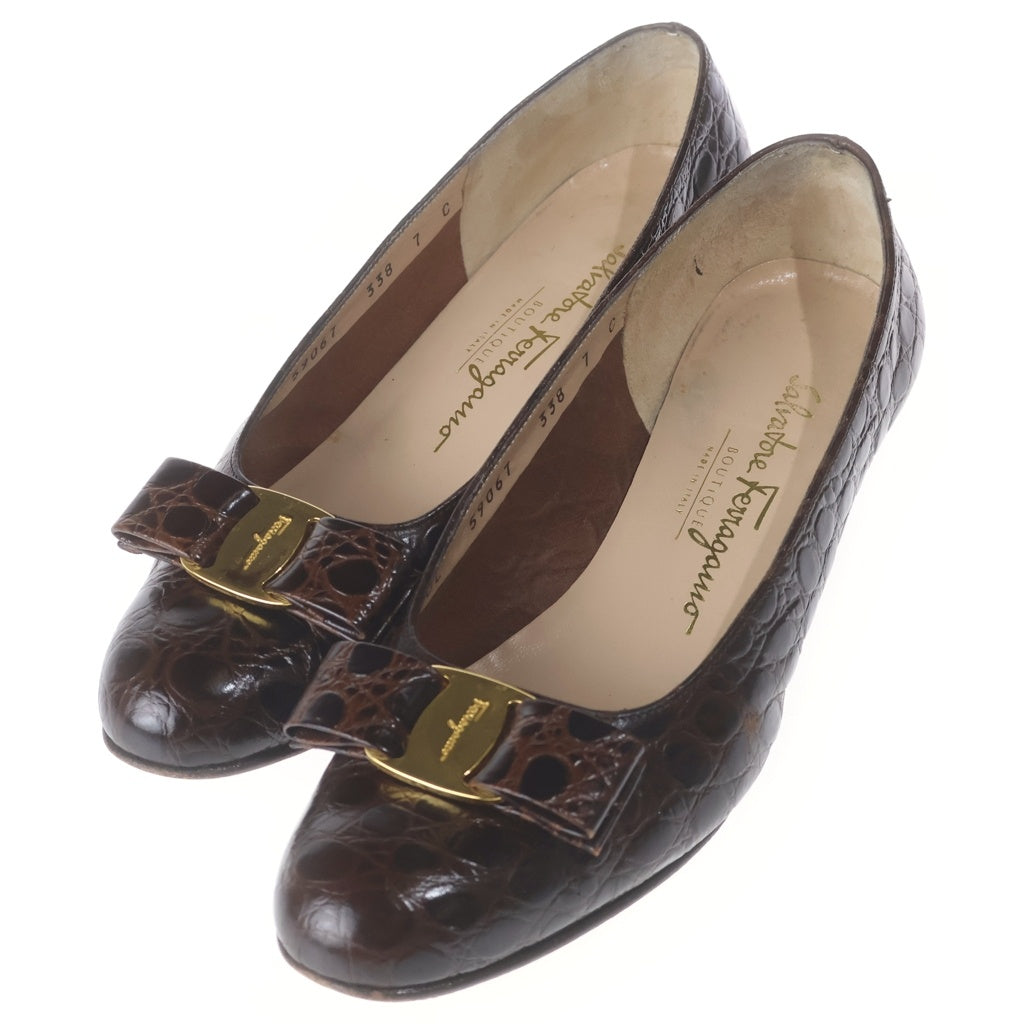 Salvatore Ferragamo(サルヴァトーレ フェラガモ) ヴァラ リボン クロコ型押し ヒールパンプス ブラウン 7 レディース