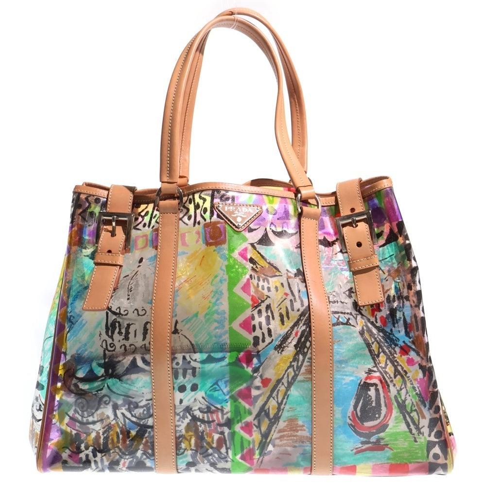 PRADA(プラダ) ビニール トートバッグ ハンドバッグ マルチカラー×ブラウン クリア×レザー シルバー金具 レディース