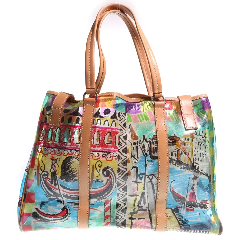 PRADA(プラダ) ビニール トートバッグ ハンドバッグ マルチカラー×ブラウン クリア×レザー シルバー金具 レディース