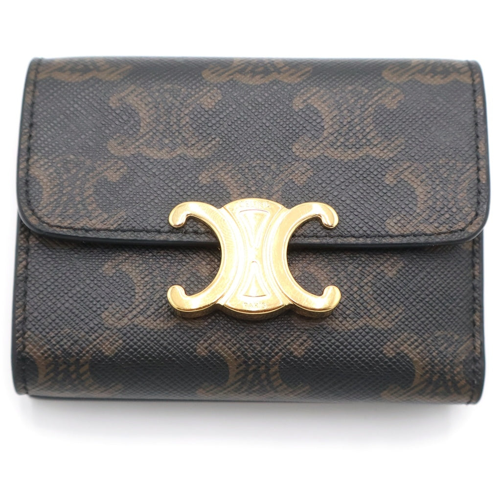 CELINE(セリーヌ) トリオンフ 三つ折り財布 コンパクトウォレット コインケース ブラウン PVCレザー ゴールド金具 レディース