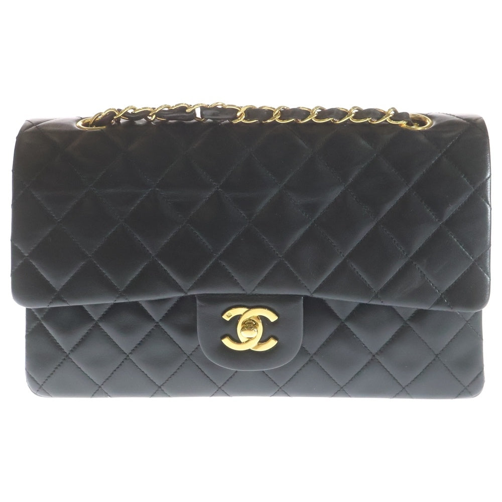 CHANEL(シャネル) マトラッセ25 ダブルフラップ ダブルチェーンショルダーバッグ ブラック ラムスキン ゴールド金具 レディース