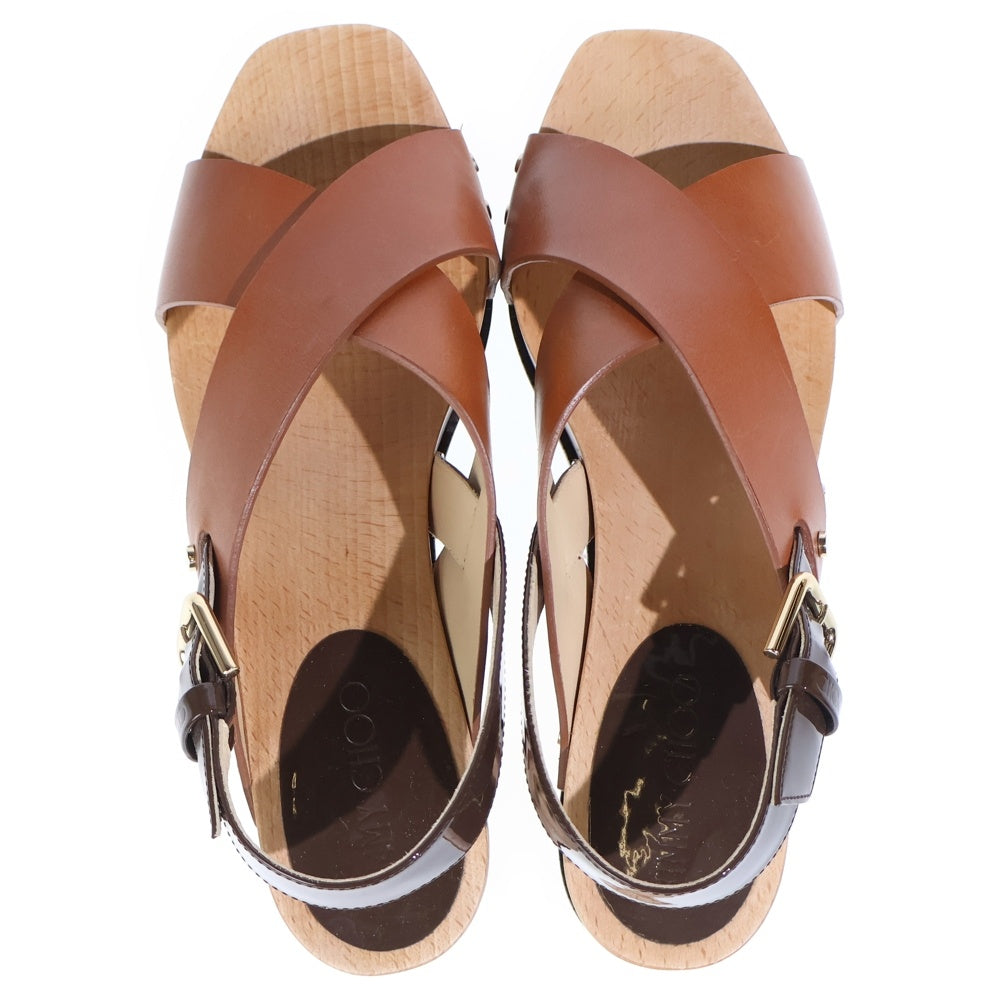 JIMMY CHOO(ジミーチュウ) ウッドベルト クロス レザー サンダル ブラウン レディース
