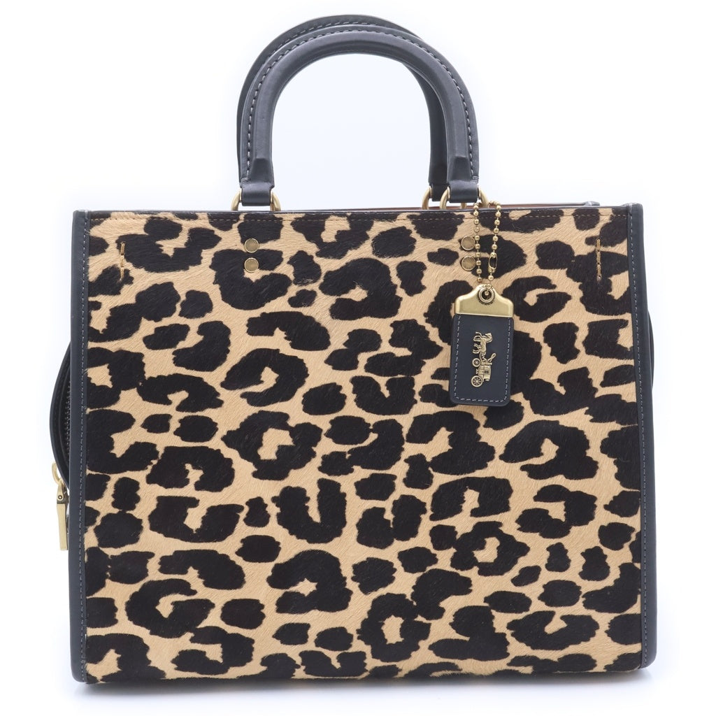 COACH(コーチ) レオパード柄2WAYハンドバッグ トートバッグ ショルダーバッグ ベージュ×ブラック ハラコ×レザー CN980 ゴールド金具 レディース