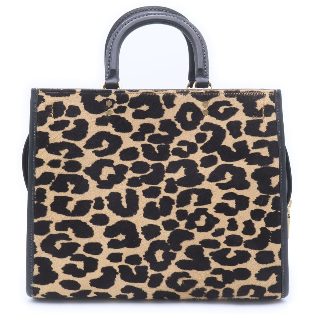 COACH(コーチ) レオパード柄2WAYハンドバッグ トートバッグ ショルダーバッグ ベージュ×ブラック ハラコ×レザー CN980 ゴールド金具 レディース