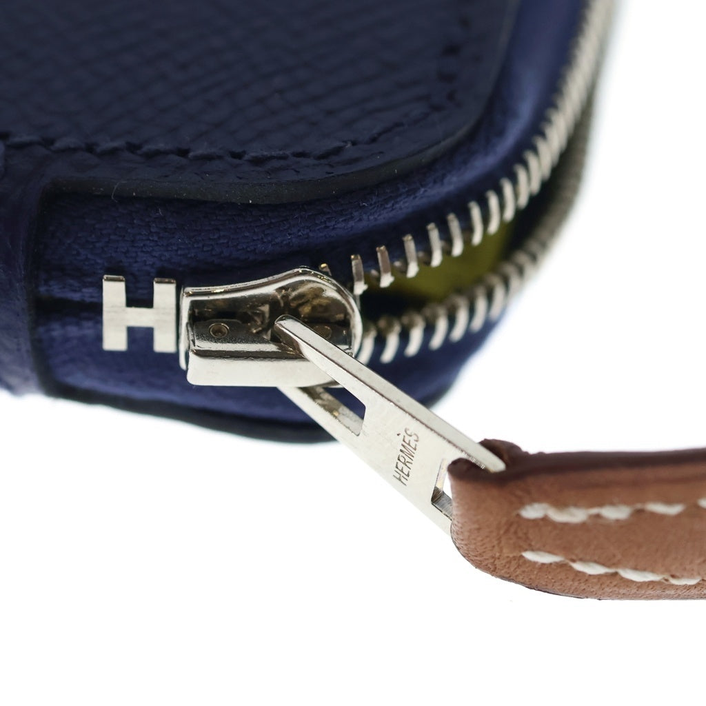 HERMES(エルメス) アザップ コンパクト シルクイン ミニ財布 コインケース ブルー/イエロー ネイビー レザー A刻印 シルバー金具 レディース