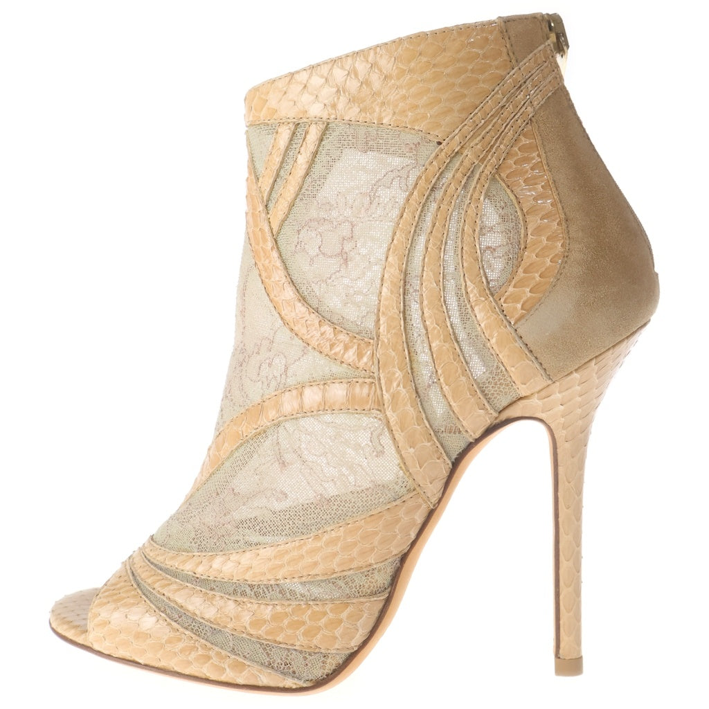 JIMMY CHOO(ジミーチュウ) パイソンレザー レース オープントゥ ヒール サンダル シューズ ベージュ レディース