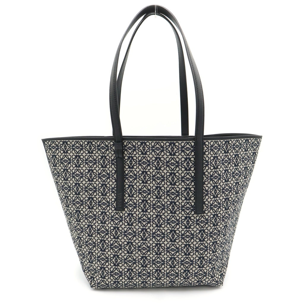 LOEWE(ロエベ) リピートアナグラム キャンバス ジャガード レザー トートバッグ ブラック/ネイビー レディース