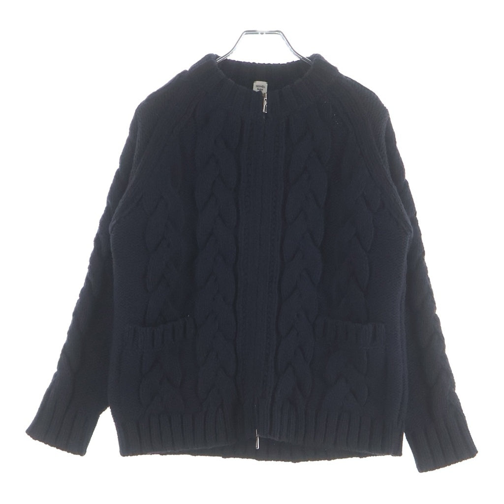 HERMES(エルメス) カシミヤ モヘア混 ウール ケーブルニット ジップアップ クルーネック カーディガン ネイビー レディース