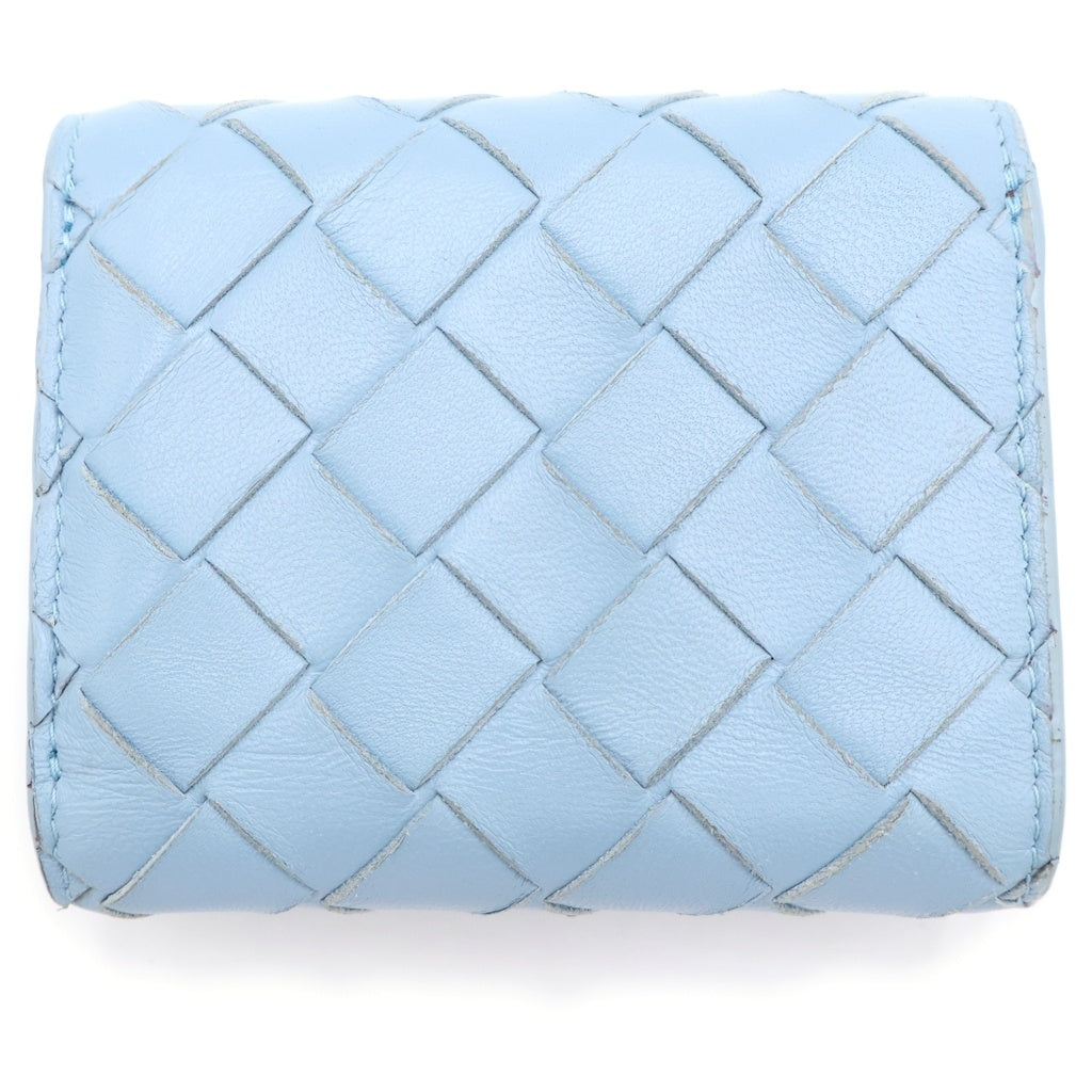 BOTTEGA VENETA(ボッテガヴェネタ) イントレチャート コンパクトウォレット 三つ折り財布 コインケース ライトブルー×レッド レザー ゴールド金具 レディース