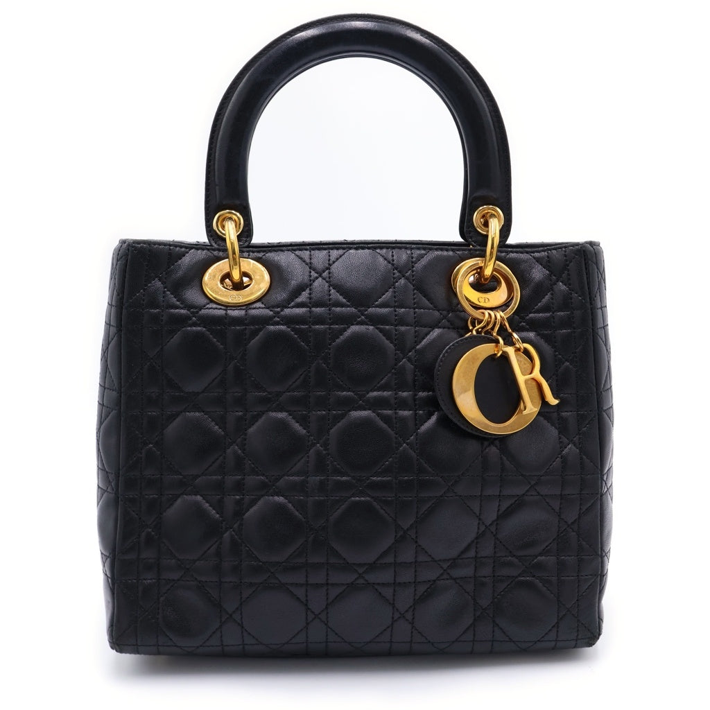 Christian Dior(クリスチャンディオール) レディディオール ミディアム キルティングバッグ ハンドバッグ ブラック レザー ゴールド金具 レディース