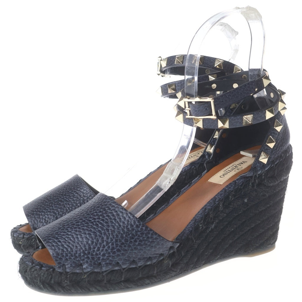 VALENTINO(ヴァレンティノ) ロックスタッズ エスパドリーユ ウェッジソール ヒール レザー ストラップ サンダル シューズ ネイビー レディース