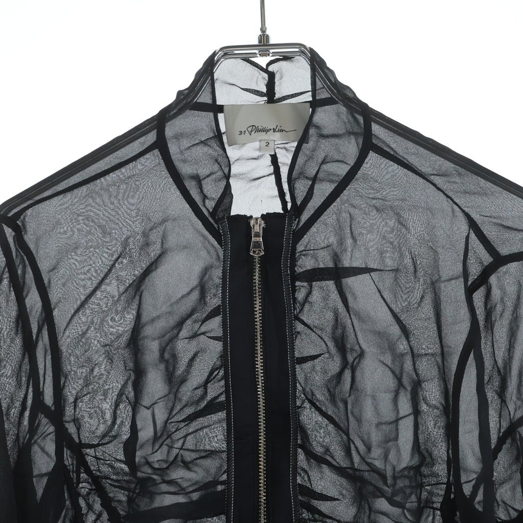 3.1 Phillip Lim(スリーワンフィリップリム) ギャザーデザイン シルク ジップアップ シアー ジャケットブラック レディース S172-2226CHF