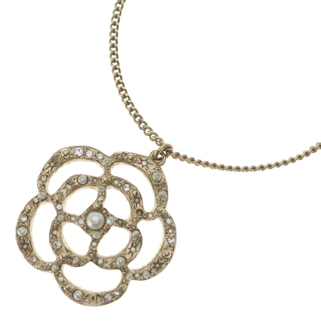 CHANEL(シャネル) カメリア ラインストーン フェイクパール ネックレス ペンダント チェーン ゴールド GP レディース