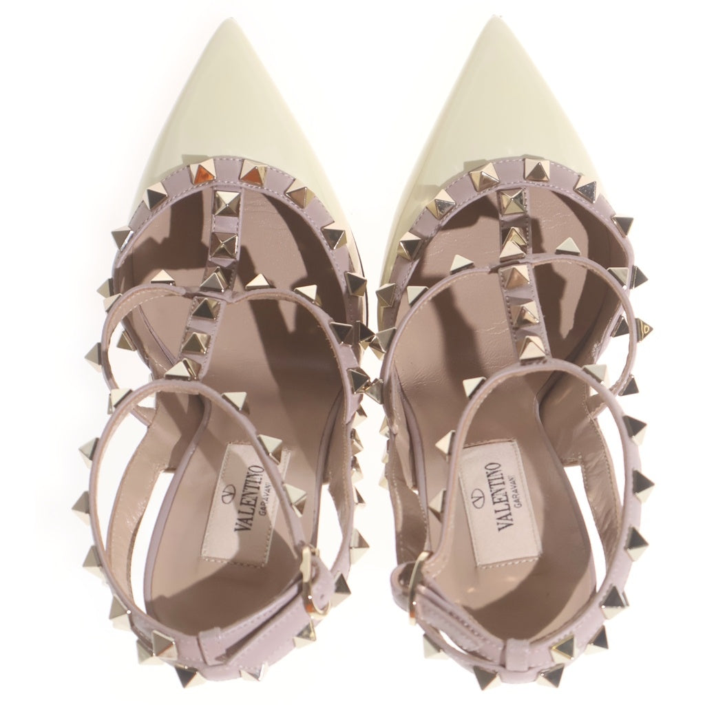 VALENTINO(ヴァレンティノ) ロックスタッズ パテント コンビレザー ヒール ポインテッドトゥ ストラップ パンプス シューズ ピンクベージュ/イエロー レディース