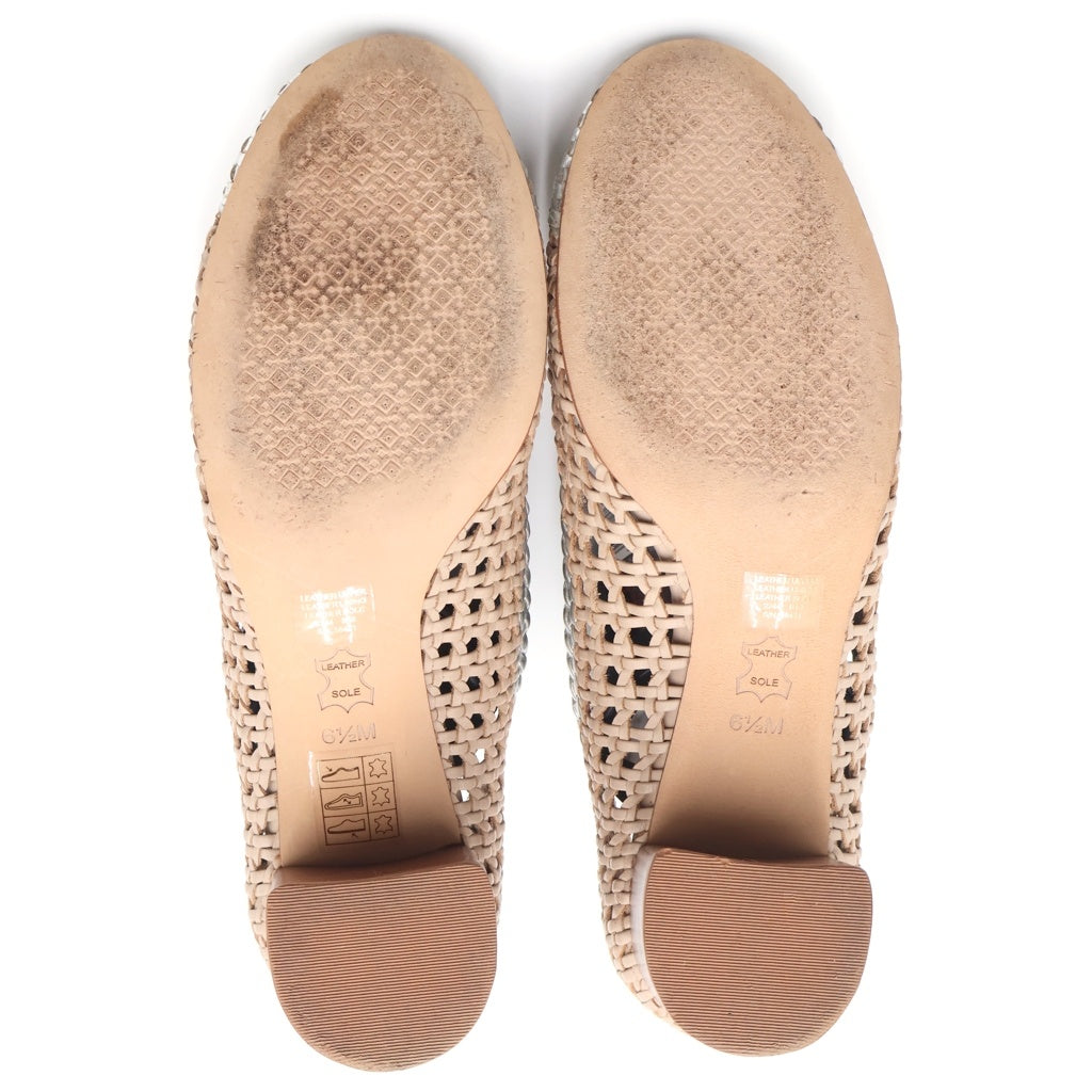 TORY BURCH(トリー バーチ) ロゴプレート 編み込みレザー ヒール パンプス シューズ シルバー/ベージュ レディース