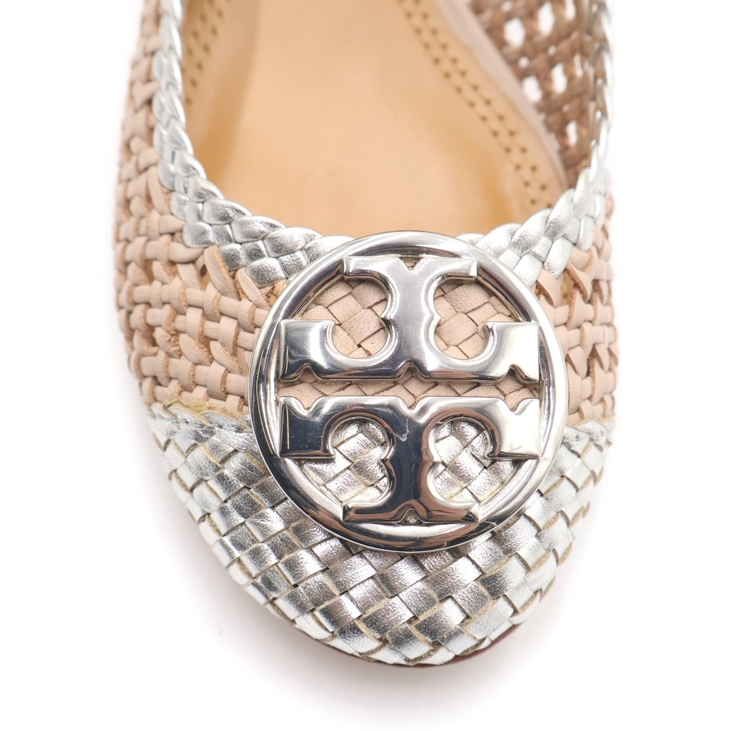 TORY BURCH(トリー バーチ) ロゴプレート 編み込みレザー ヒール パンプス シューズ シルバー/ベージュ レディース