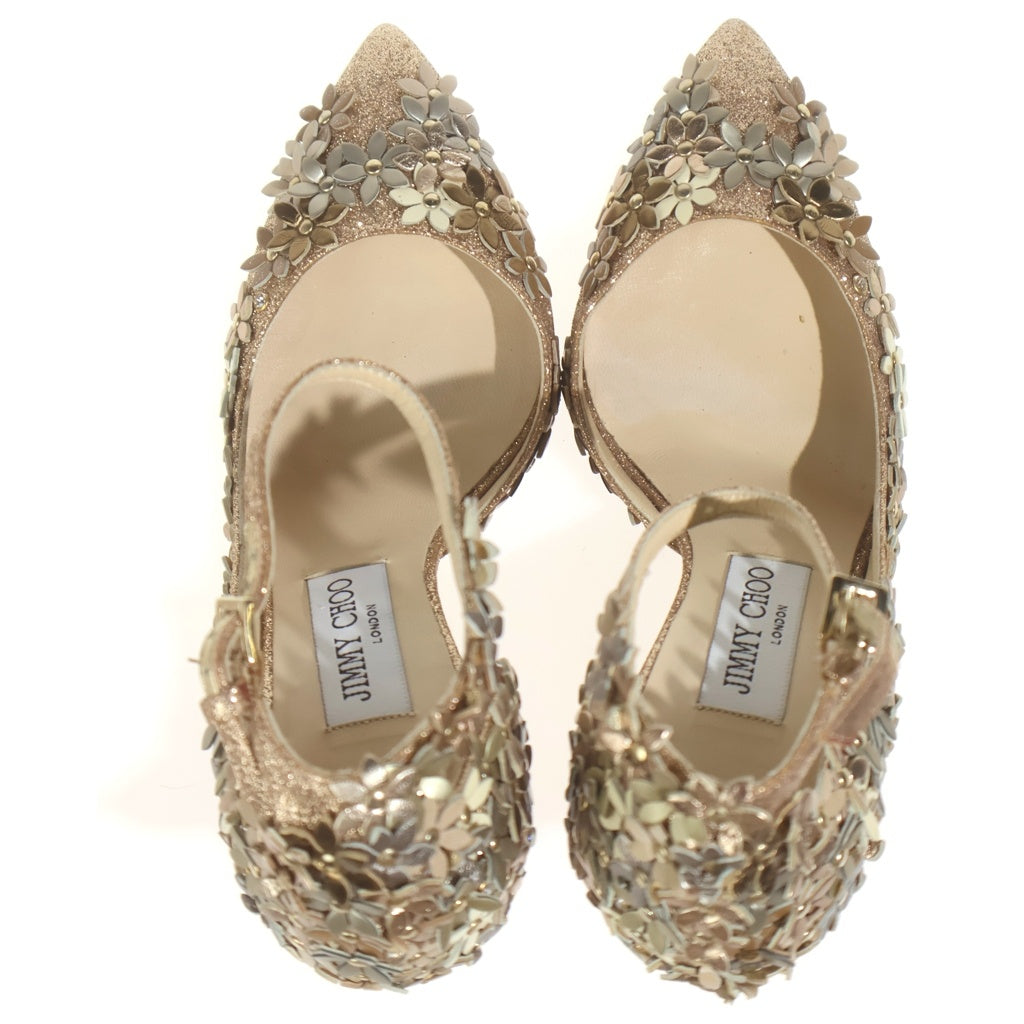 JIMMY CHOO(ジミーチュウ) LORELAI 100 ローレライ フラワー ラメグリッター ヒール パンプス シューズ ベージュ/ゴールド レディース
