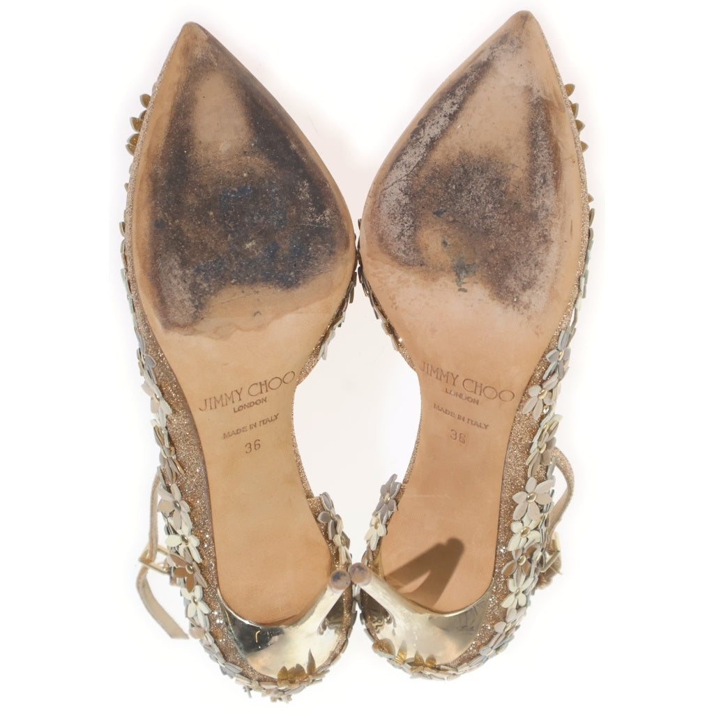 JIMMY CHOO(ジミーチュウ) LORELAI 100 ローレライ フラワー ラメグリッター ヒール パンプス シューズ ベージュ/ゴールド レディース