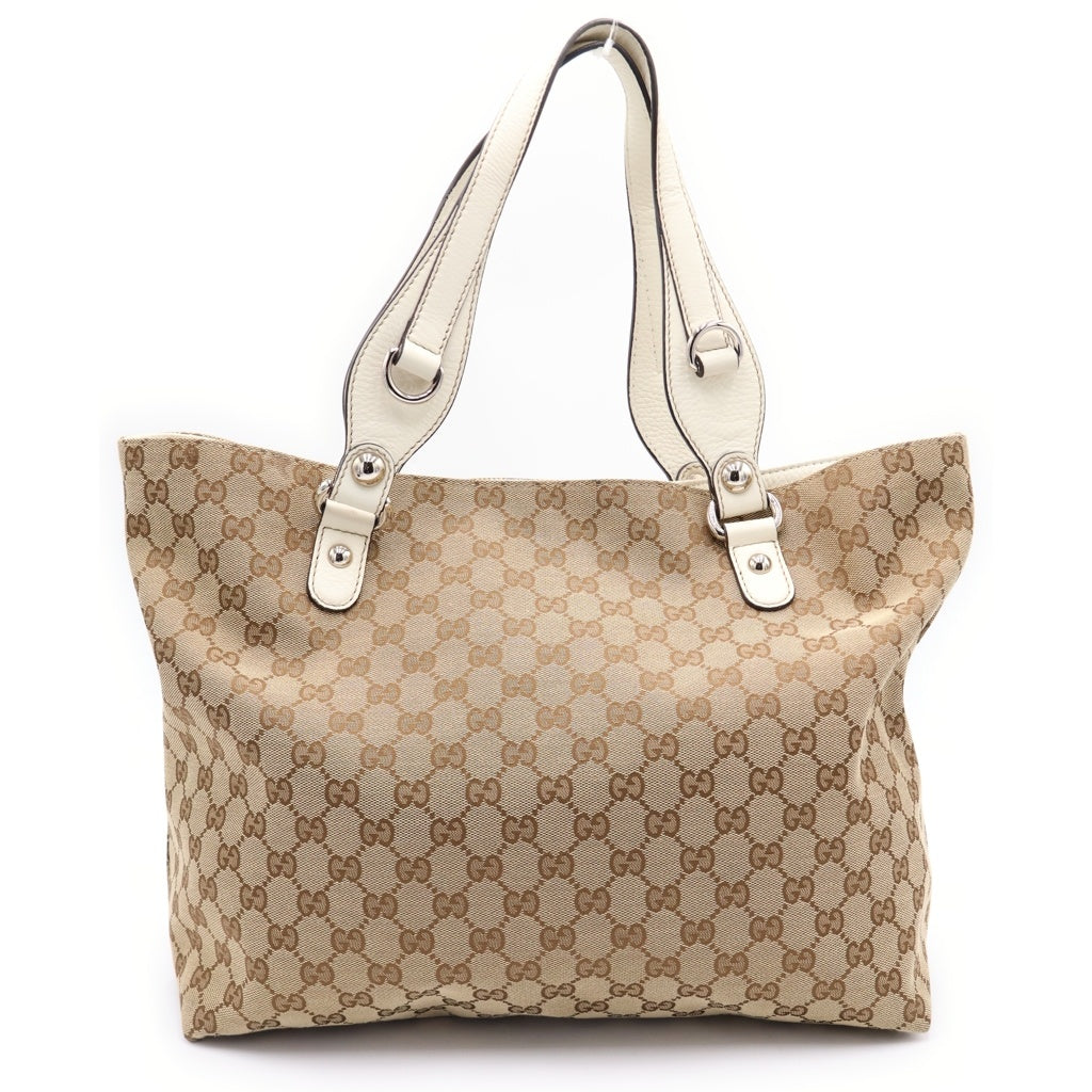 GUCCI(グッチ) GGキャンバス ハンドバッグ トートバッグ ホワイト×ブラウン キャンバス×レザー 229852 シルバー金具 レディース