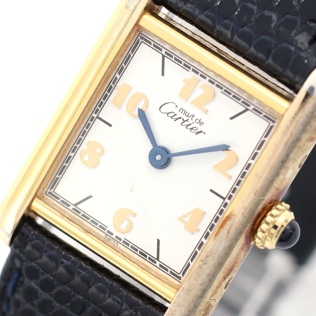 Cartier(カルティエ) マストタンクSM シルバーギルト ホワイト文字盤 レザーベルト クォーツウォッチ 腕時計 ゴールド/ブラック W1008354 レディース