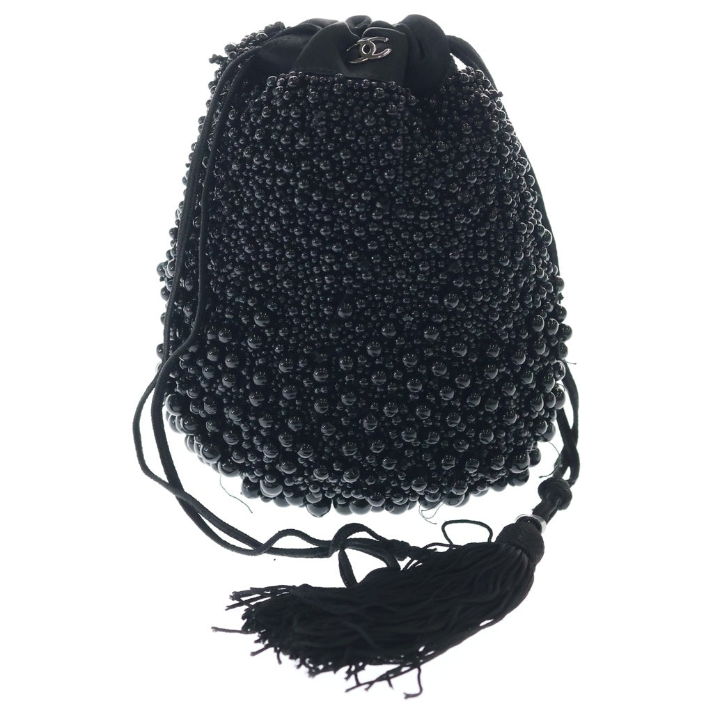 CHANEL(シャネル) ココマーク ビーズ 巾着ポーチ ミニバッグ ブラック サテン レディース