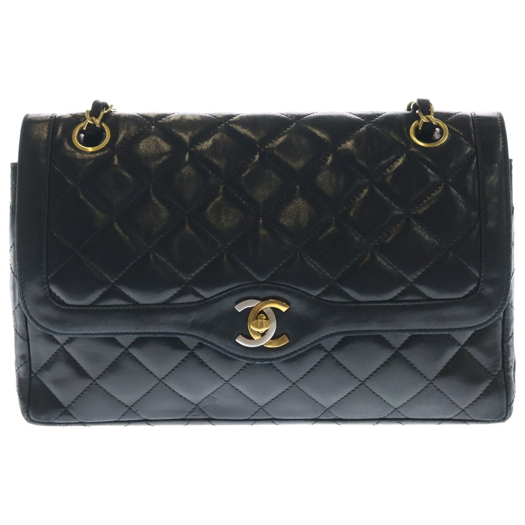 CHANEL(シャネル) マトラッセ パリ限定 WフラップWチェーン ショルダーバッグ ハンドバッグ 2WAYバッグ ブラック ラムスキン ゴールド×シルバー金具 レディース