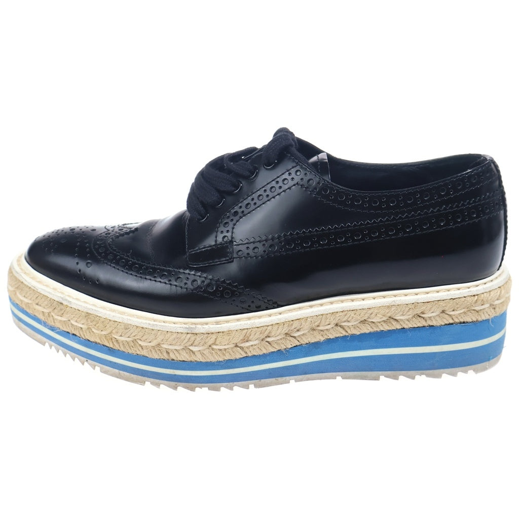 PRADA(プラダ) ウィングチップ エスパドリーユ レザーシューズ ブラック×ブルー #36 レディース